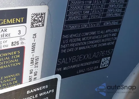 2020 Land Rover Range Rover Velar P250 S from USA, damaged, VIN SALYB2EXXLA276157